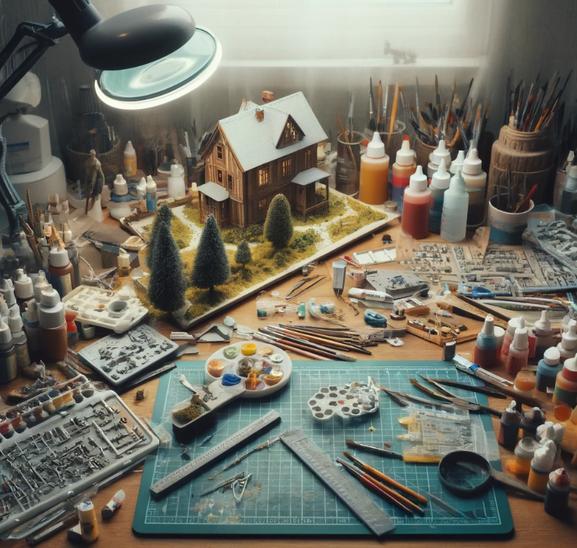 A table filled with model building tools and a partially completed miniature.