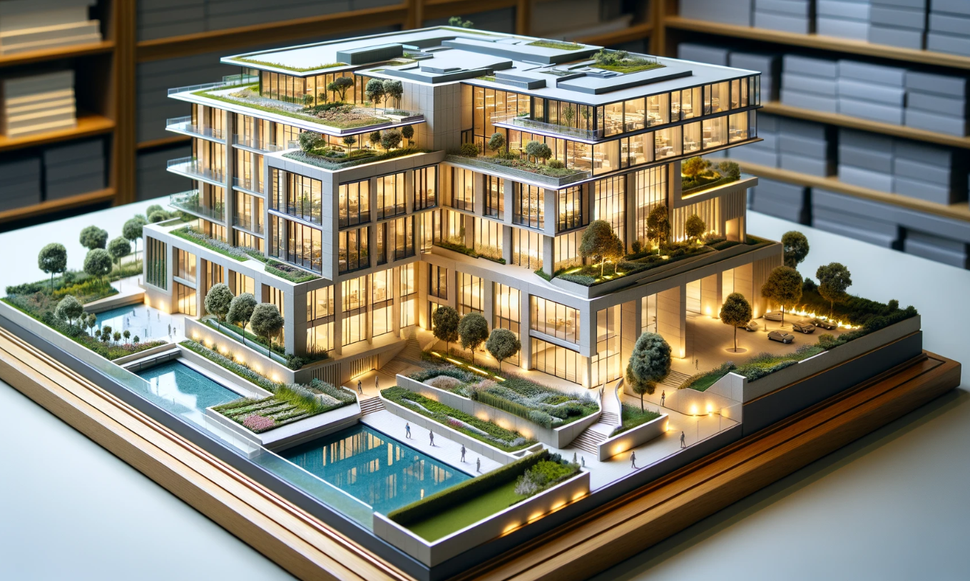 Ari Mimari Model Yapımı tarafından yapılan modern bir binanın detaylı mimari modeli.