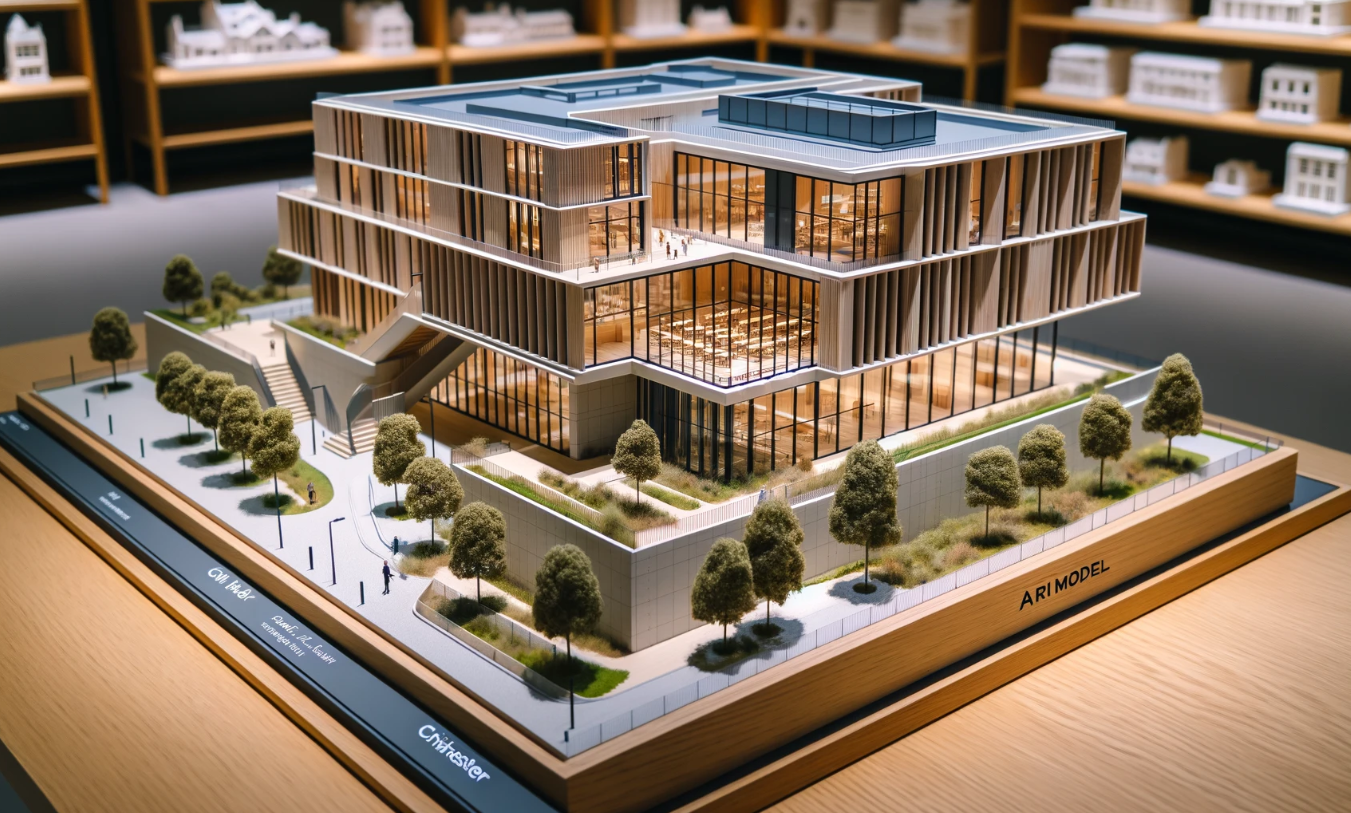 Ari Mimari Model Yapımı tarafından yapılan modern bir binanın detaylı mimari modeli.