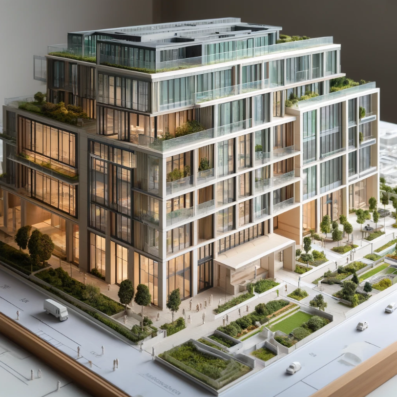  Ari Mimari Model Yapımı tarafından yapılan modern bir binanın detaylı mimari modeli.