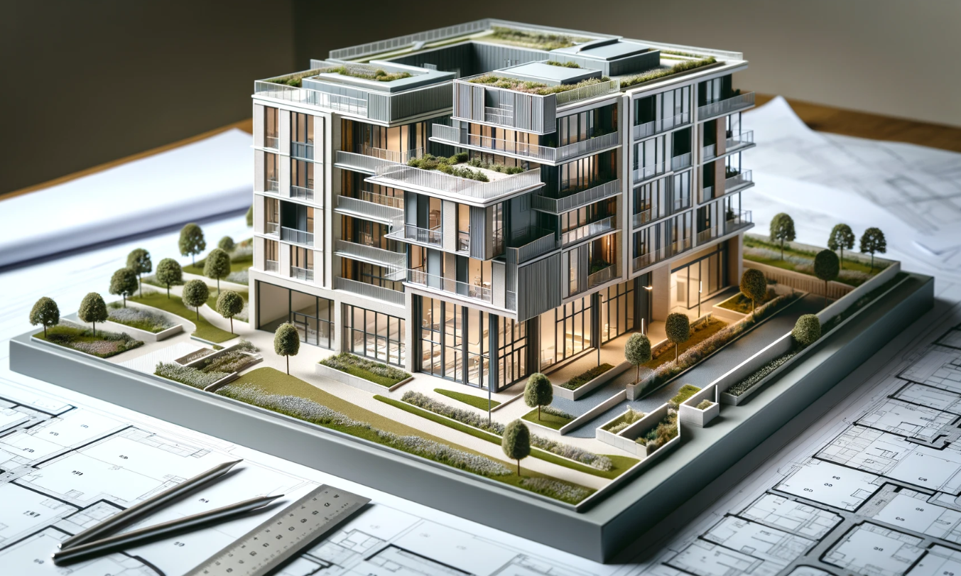  Ari Mimari Model Yapımı tarafından yapılan modern bir binanın detaylı mimari modeli.