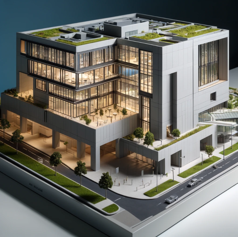 Ari Mimari Model Yapımı tarafından yapılan modern bir binanın detaylı mimari modeli.