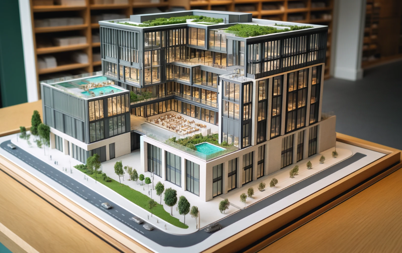 Ari Mimari Model Yapımı tarafından yapılan modern bir binanın detaylı mimari modeli.