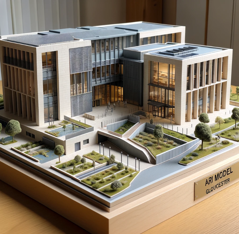 Ari Mimari Model Yapımı tarafından yapılan modern bir binanın detaylı mimari modeli.