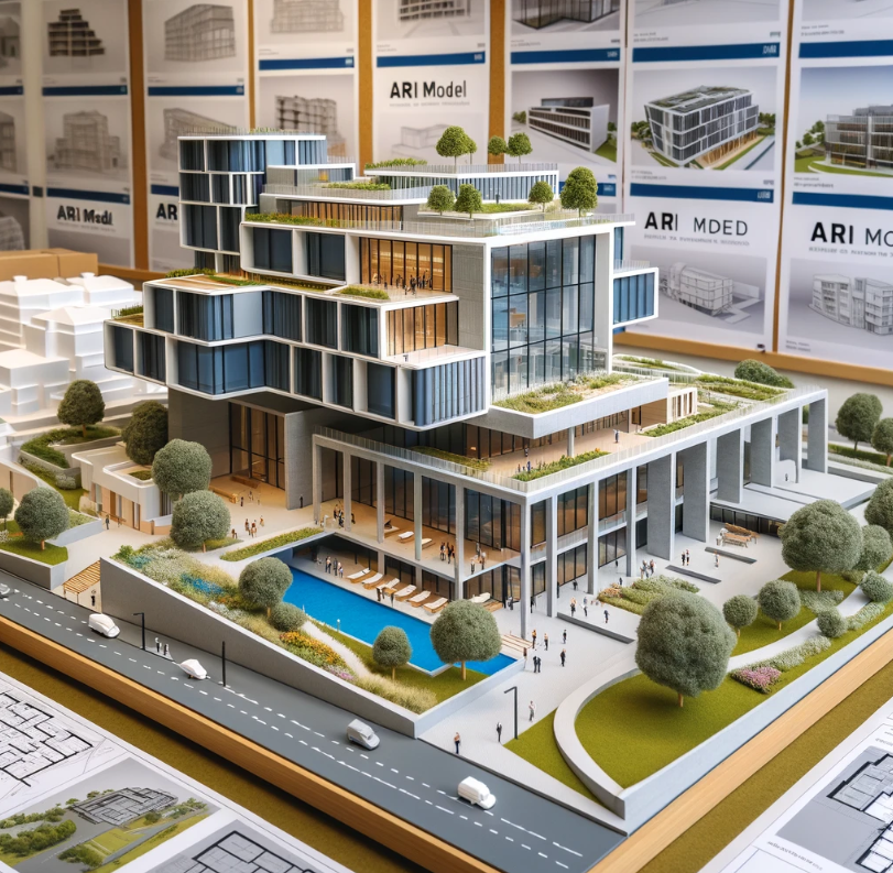 Ari Mimari Model Yapımı tarafından yapılan modern bir binanın detaylı mimari modeli.