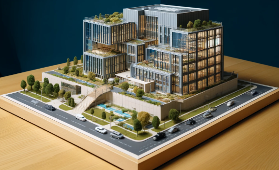Erzurum'da Ari Mimari Model Yapımı tarafından yapılan modern bir binanın detaylı mimari modeli.